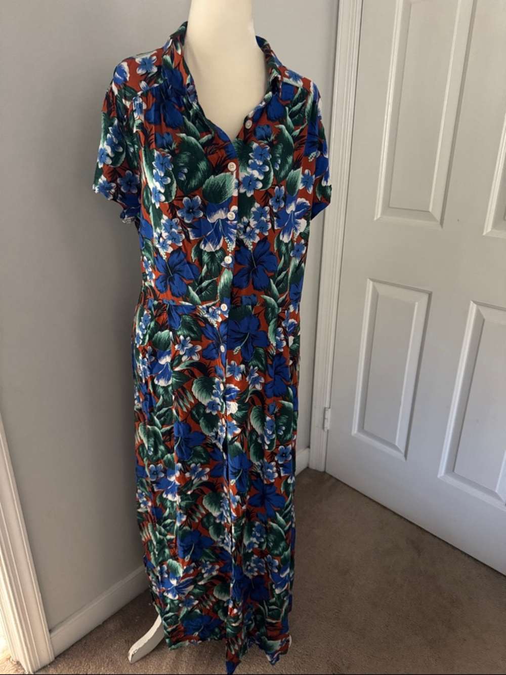J. Crew Tropical Floral Button-Front Maxi Dress in Blue, Green & Rust